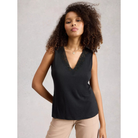 White Stuff Ellie Lace V Neck Vest in Pure Black