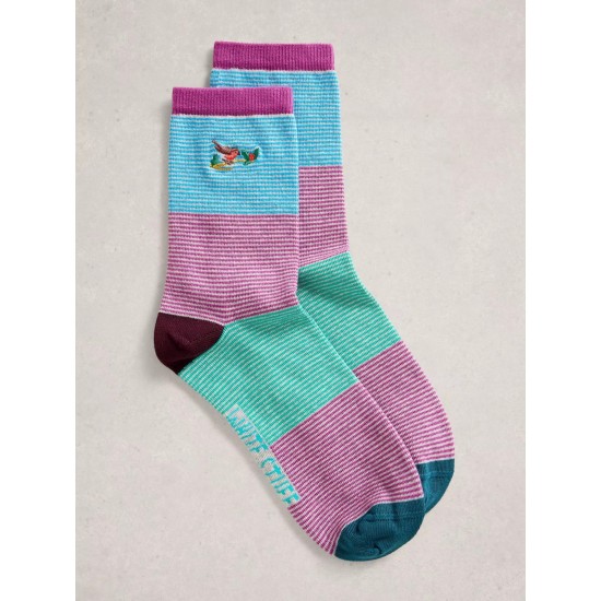 White Stuff Embroidered Ankle Socks in Blue Multi
