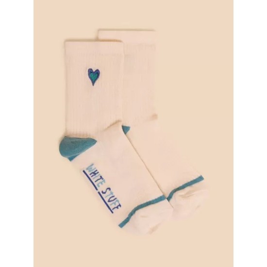 White Stuff Embroidered Heart Rib Sock in Pale Ivory
