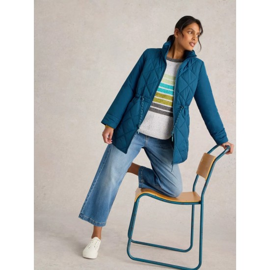 White Stuff Emilia Quilted Collared Coat in DK Teal
