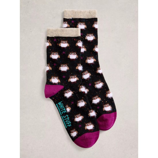 White Stuff Fluffy Ankle Sock in Black Multi
