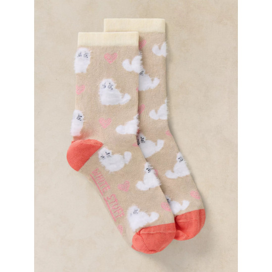 White Stuff Fluffy Cat Ankle Socks in Dark Natural