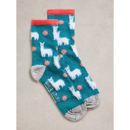 White Stuff Fluffy Llama Ankle Socks in Bright Teal