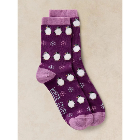 White Stuff Fluffy Penguin Ankle Sock in Purple Multi