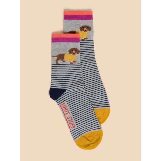 White Stuff Fluffy Sausage Dog Ankle Sock in Grey Multi