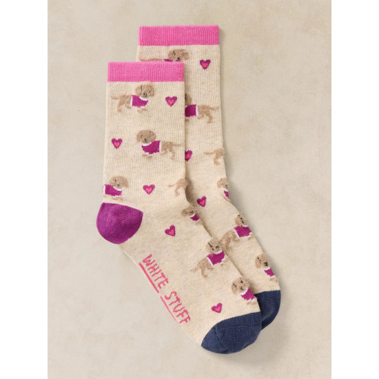 White Stuff Fluffy Sausage Dog Ankle Socks in Natural Multi