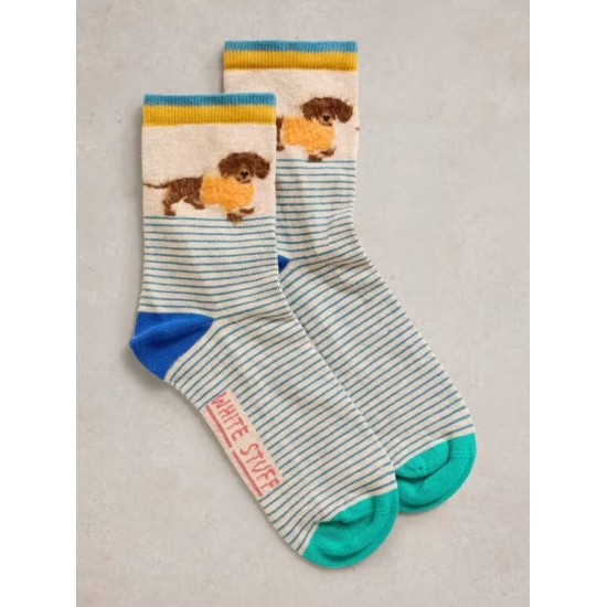 White Stuff Fluffy Sausage Dog Ankle Socks in Natural Multi