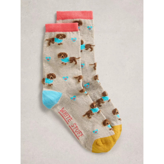 White Stuff Fluffy Sausage Print Ankle Sock in Grey Multi
