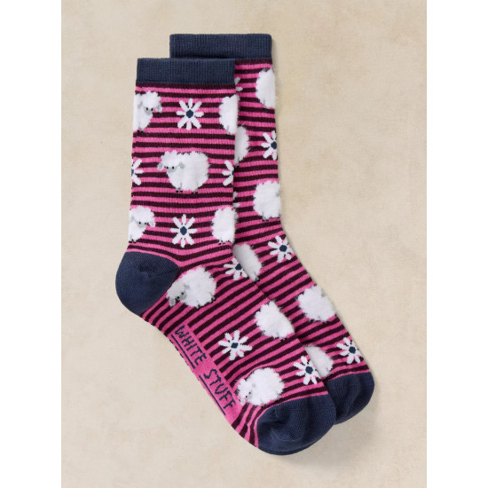 White Stuff Fluffy Stripe Sheep Ankle Sock in Dark Pink