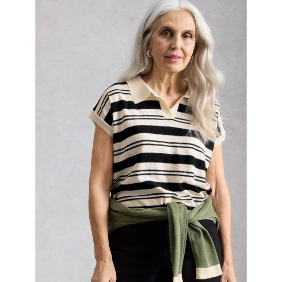 White Stuff Ginni Stripe Linen Polo Tee in Ivory Multi