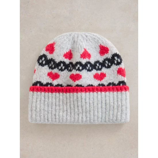 White Stuff Heart Fairisle Beanie Hat in Grey Multi