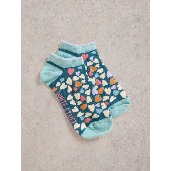 White Stuff Heart Print Trainer Sock in Teal Multi