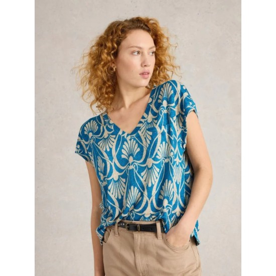 White Stuff Iris Linen Tee in Blue Print