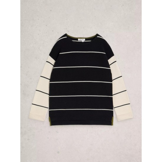 White Stuff Jana Striped Crew Neck Jumper in Black Multi