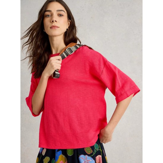 White Stuff Kate Linen Blend Tee in Bright Pink