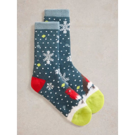 White Stuff Kissing Robins Cabin Sock in Teal Multi