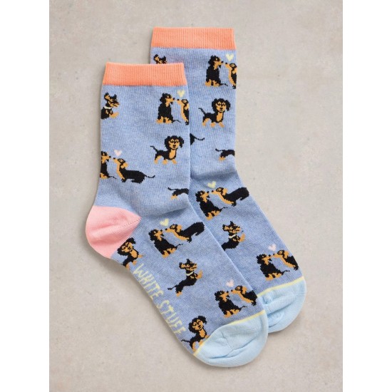 White Stuff Kissing Sausage Dog Ankle Socks in Light Blue