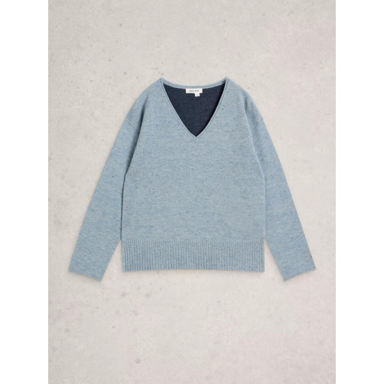 White Stuff Lily V Neck Jumper in Blue Multi