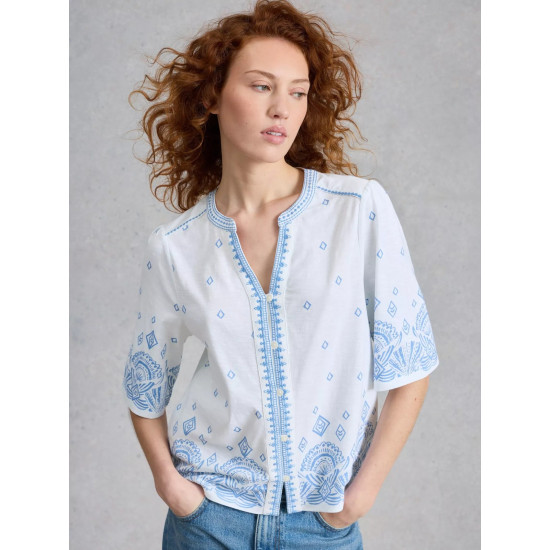 White Stuff Lizzie Border Embroidered Top in White Print