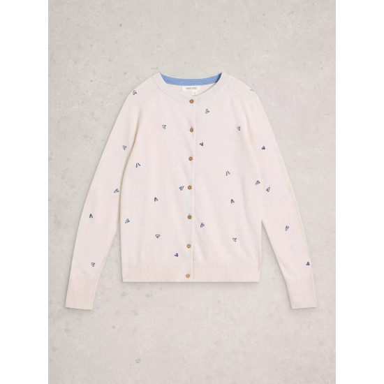 White Stuff Lulu Embroidered Crew Neck Cardigan in Ivory Multi