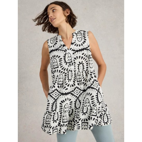 White Stuff Macie Sleeveless Notch Neck Tunic in Ivory Print