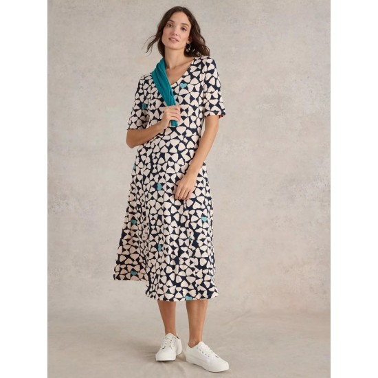 White Stuff Madeline Midi Jersey Dress in Navy Print