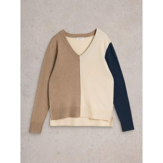 White Stuff Maggie V Neck Jumper in Natural Multi