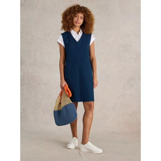 White Stuff Maple Denim Jersey Pinafore in Mid Denim