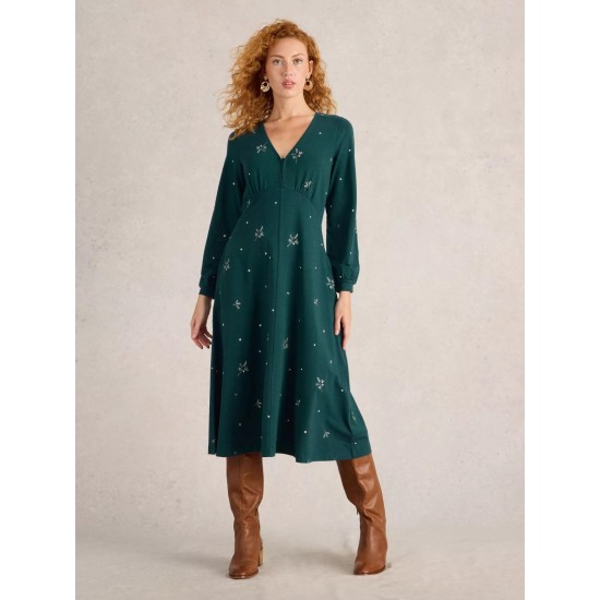 White Stuff Megan Embroidered Midi Jersey Dress in Teal Multi