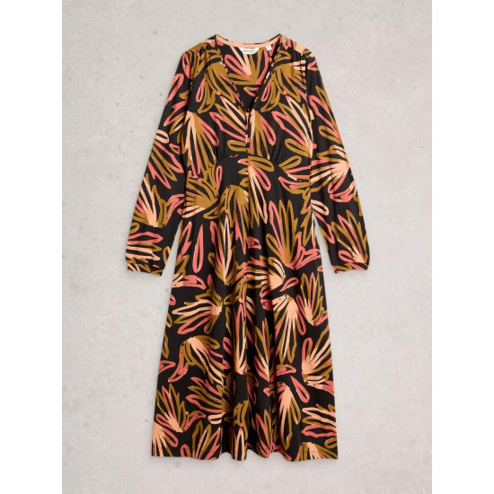 White Stuff Megan Jersey Long Sleeve Midi Dress in Black Multi