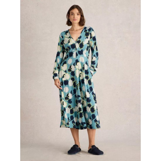 White Stuff Megan Midi Jersey Dress in Blue Print