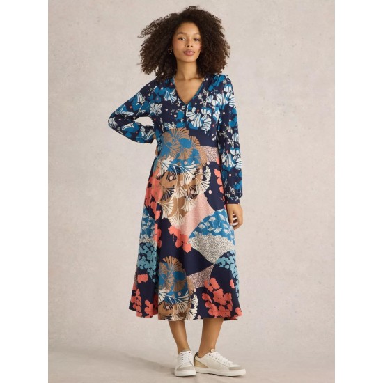 White Stuff Megan Midi Jersey Dress in Navy Multi