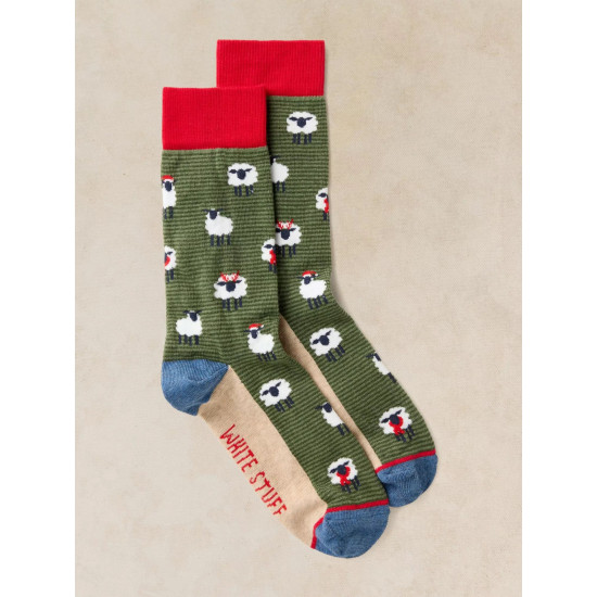 White Stuff Men's Christmas Sheep Ankle Socks in Green Multi