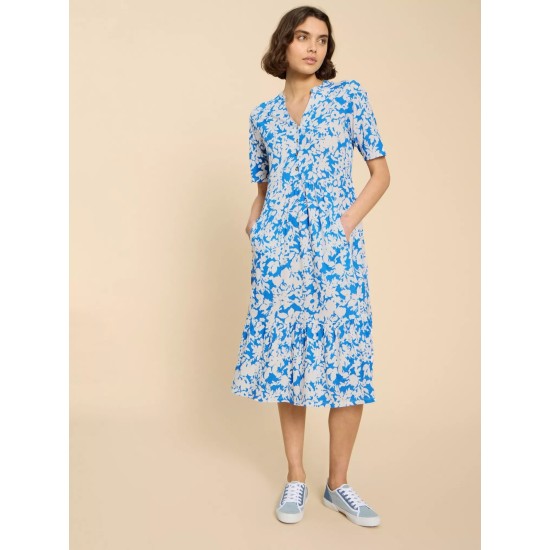 White Stuff Naya Jersey Printed Tiered Dress in Blue Multi