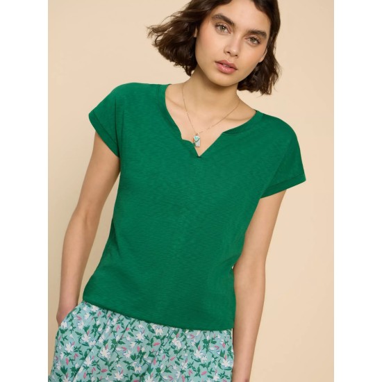 White Stuff Nelly Cotton Notch Neck Tee in Mid Green