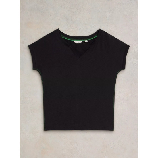 White Stuff Nelly Cotton Notch Neck Tee in Pure Black