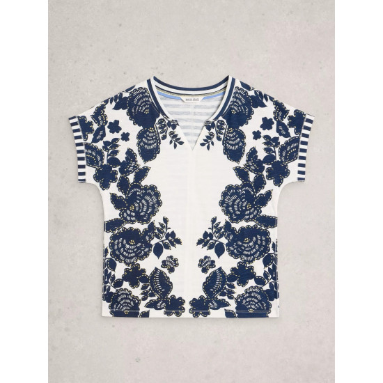 White Stuff Nelly Notch Neck Print Tee in Navy Multi