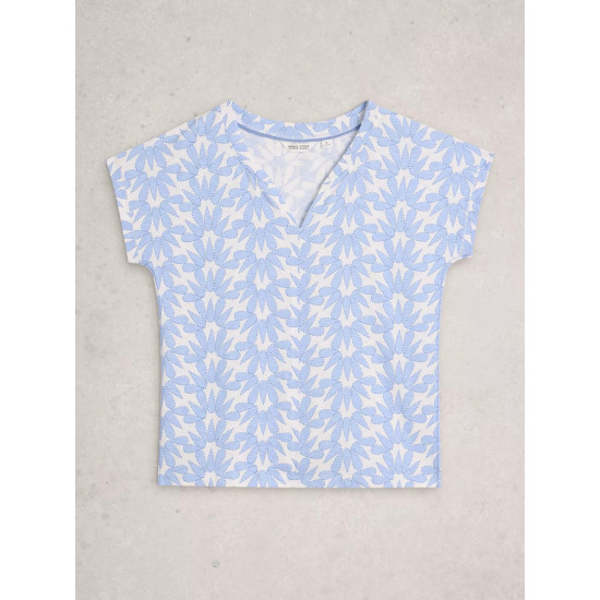 White Stuff Nelly Notch Neck Short Sleeve T-Shirt in Blue Print