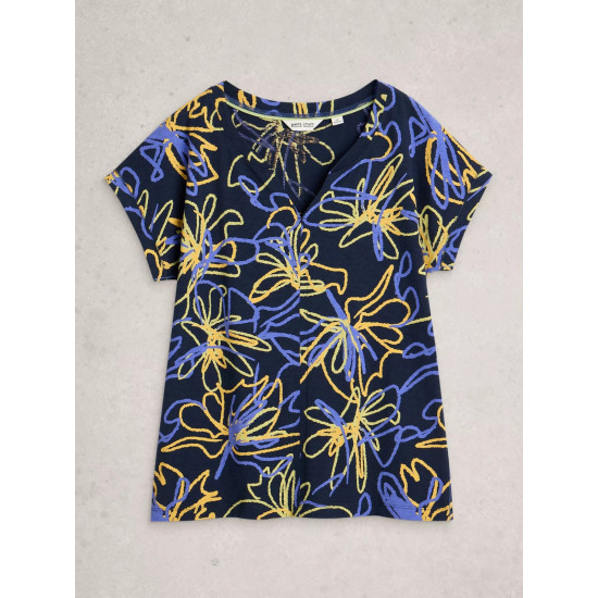 White Stuff Nelly Notch Neck Short Sleeve T-Shirt in Navy Print