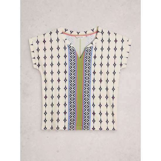 White Stuff Nelly Notch Neck Short Sleeve T-Shirt in White Multi