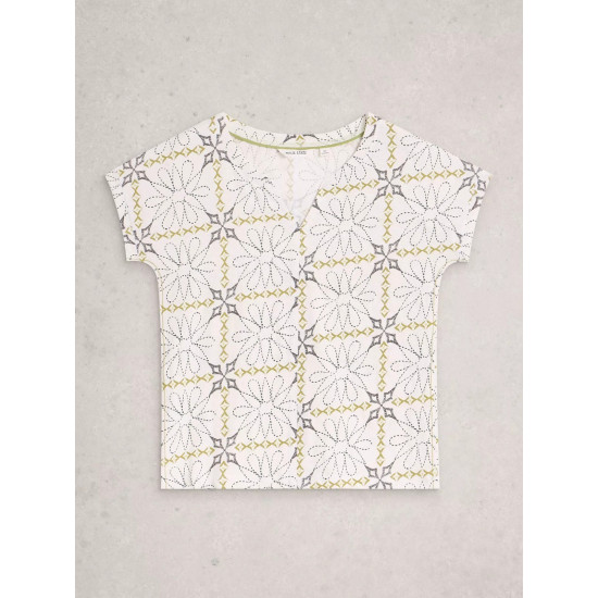 White Stuff Nelly Notch Neck Short Sleeve T-Shirt in White Print