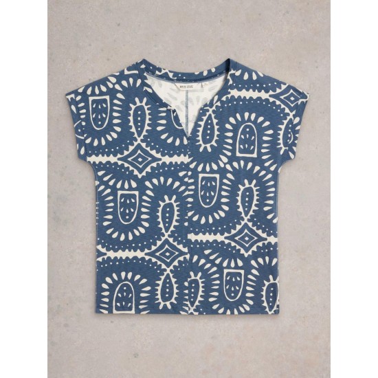 White Stuff Nelly Notch Neck Short Sleeve Tee in Blue Multi