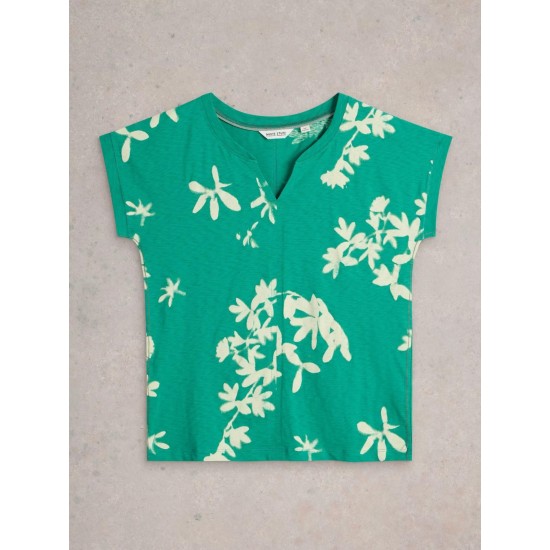 White Stuff Nelly Notch Neck Short Sleeve Tee in Green Multi