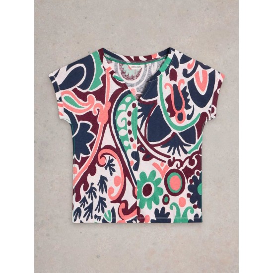 White Stuff Nelly Notch Neck Short Sleeve Tee in Natural Multi