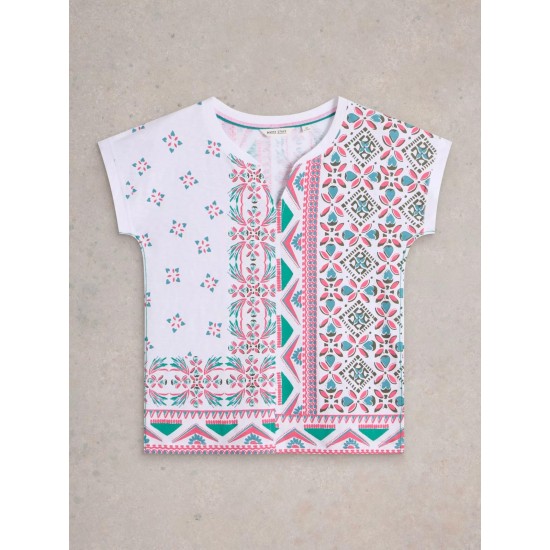 White Stuff Nelly Notch Neck Short Sleeve Tee in White Print