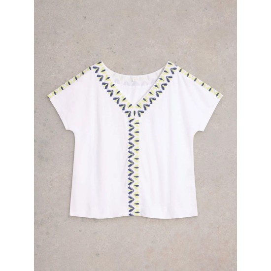 White Stuff Neva Embroidered V Neck Top in White Multi