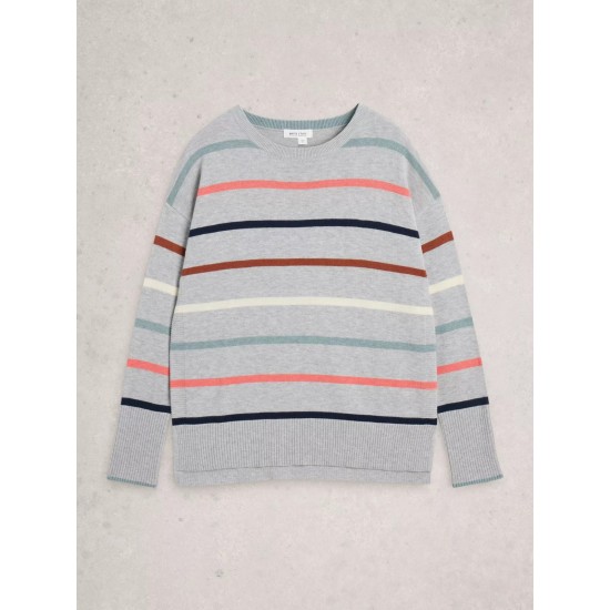 White Stuff Olive Striped Crew Neck Jumper in Grey Multi