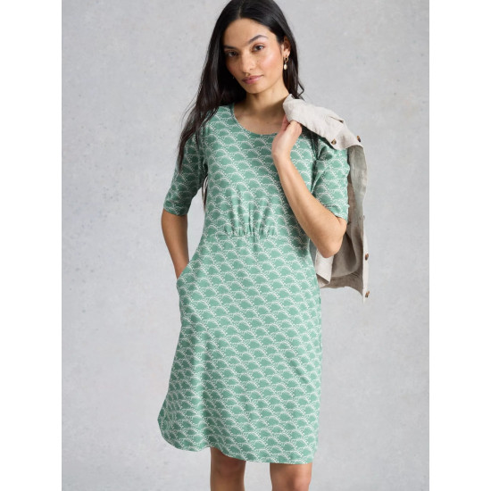 White Stuff Olivia Jersey Short Sleeve Dress in Teal Print