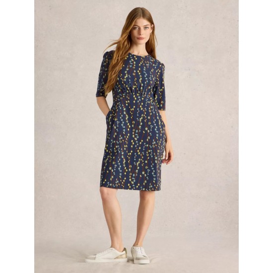 White Stuff Olivia Mid Sleeve Jersey Dress in Navy Print