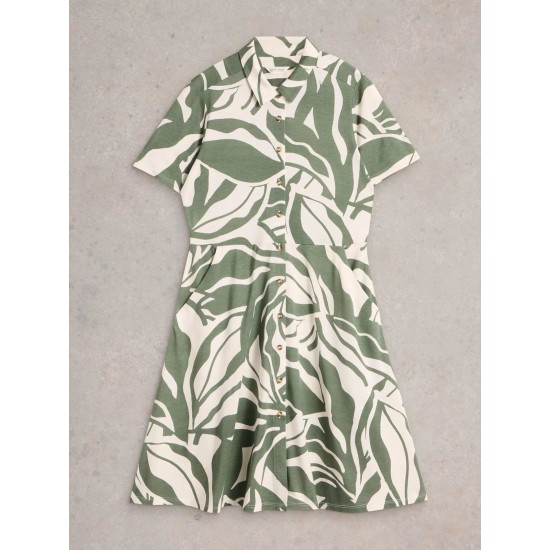 White Stuff Ria Jersey Collared Shirt Dress in Green Print